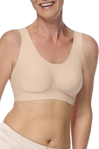 Amoena Womens CuraLymph Linda Comfort Wide Strap Soft Pocketed Seamless Bra - Supports/Stimulates Lymph Flow Wire-Free Lymphodema Comfort Pocketed Seamless Bra in Color Sand - Large