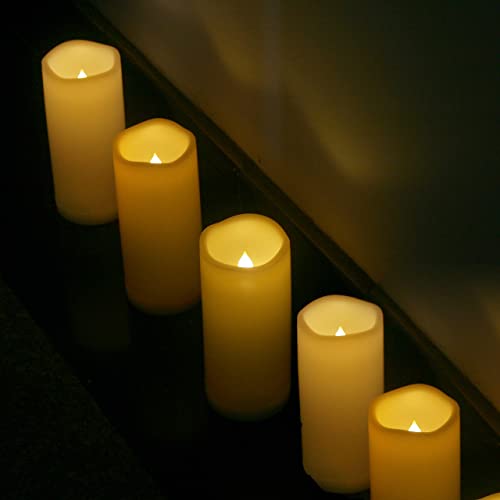 Image of CANDLE CHOICE Waterproof Outdoor Battery Operated Flameless Candles Remote Timer Ivory Plastic Realistic Flickering Fake Electric LED Pillars Lantern Garden Wedding Christmas Decorations 3 inchx6 inch 6 Pack
