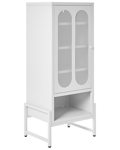 Beliani Buffet Industriel Moderne en Acier 1 Porte Ovale Ajourée Étagère Meuble Salon Salle à Manger Bureau Blanc Soletta