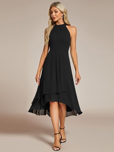 Image of Ever-Pretty Women's Halter Chiffon Midi Cocktail Wedding Guest Dress | High Low, Pleated, Summer Semi Formal Dress, Mother of the Bride Dress