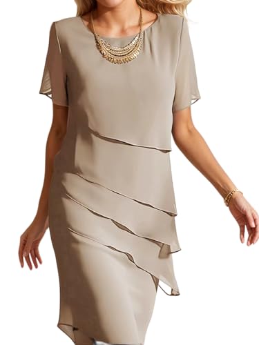 Women's Chiffon Mother of The Bride Dresses Elegant Short Sleeve Crewneck Tiered Dress Party Wedding Cocktail Outfits