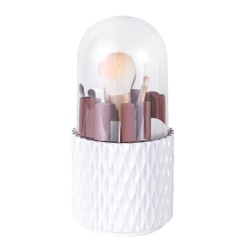 Cq acrylic Makeup Brush Holder with Lid,360 Rotating Dustproof Cosmetics Make up Brush Organizer Storage,Brushes Container With Clear Cover For Vanity and Bathroom Countertop,White