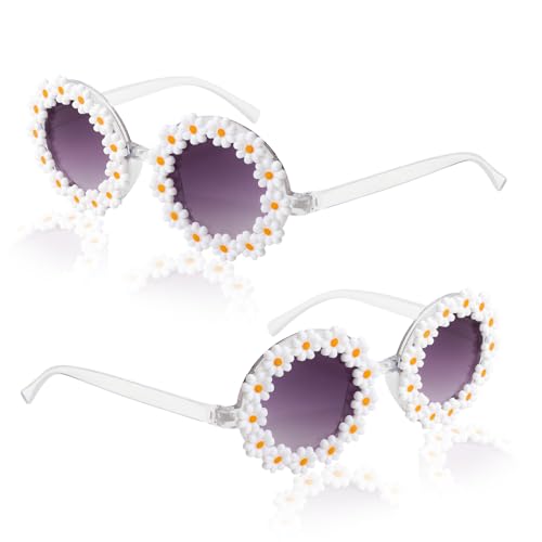 Semato 2 Pcs Flower Girl Sunglasses Round Daisy Flower Shaped Sunglasses UV 400 Protection Outdoor Beach Eyewear