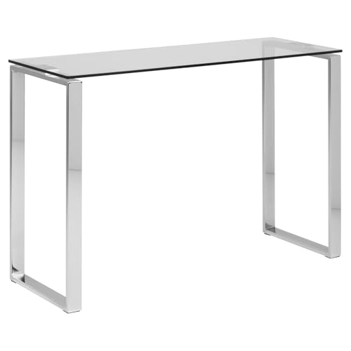 Toilinux.com Console Entrée 110 cm Plateau Verre Trempé Pieds Chromés – Design Contemporain Argenté – L.110 x H.76 cm – Apolline
