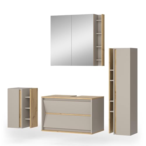 Vicco Meubles Bain Edelin, Cachemire, 80 cm, composé d’Un Meuble sous-lavabo, Armoire Miroir, Colonne et Meuble Suspendu