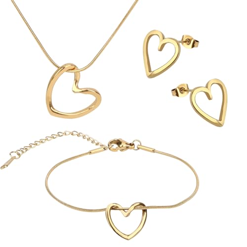 MOTIBACK Schmuckset Damen Gold - Wasserfester Edelstahl Schmuck Set mit Herz-Design, Verstellbares Schmucksets für Damen, Geschenke Weihnachten (Halskette, Armband, Ohrringe)