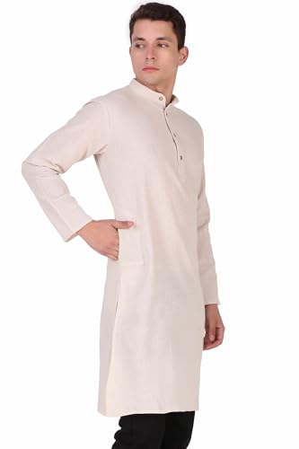 Image of Amazon Brand - Anarva Men's Handloom Cotton Solid Kurta Long Sleeves Straight Knee Length Long Shirt