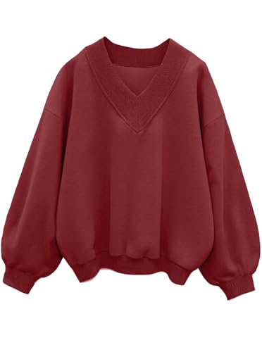 Hilinker Womens V Neck Oversized Sweatshirts Cute Pullover Drop Shoulder Long Sleeve Tops Burgundy Large