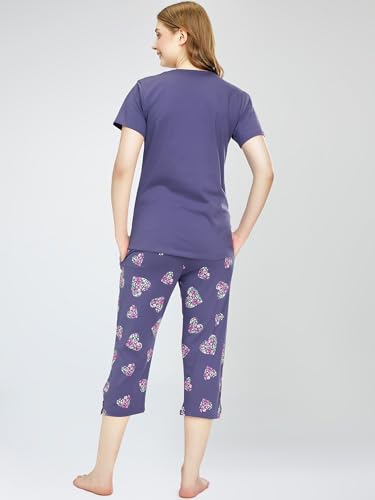 Image of ZEYO Night Suit for Women's Heart Printed Cotton Night Dress of Top and Capri Set 5747