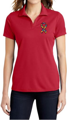 Autism Ribbon Chest Print Ladies Textured Polo Shirt