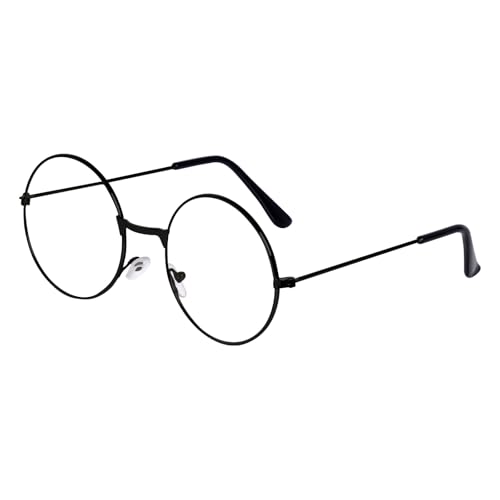 Hmxpls Fake Round Glasses, Circle Costume Glasses, Metal Frame Clear Lens Non-Prescription for Dress Up Cosplay Accessories (Black)