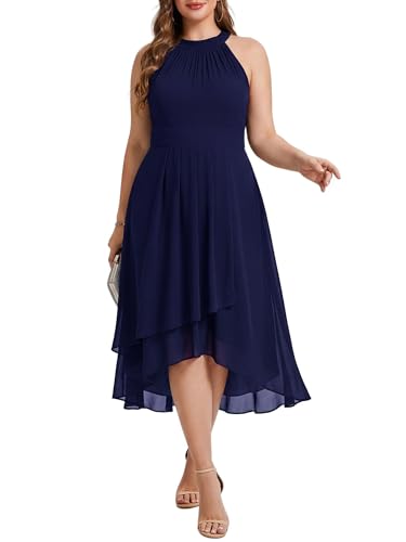 Image of Ever-Pretty Plus Women's Sleeveless Halter A Line Pleated High Low Plus Size Wedding Guest Cocktail Dresses 31926-DA