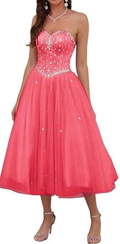 Image of Likedpage Women's Strapless Tea Length Prom Dress, Tulle Ball Gown with Crystal Beading, Corset Back