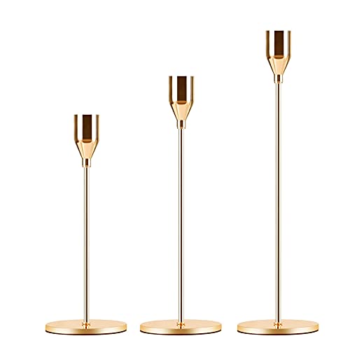 Candle Holder 3 in 1 Set Candlestick Holders Fits 3/4 inch Thick Taper Candle&Led Candles for Wedding,Dining,Party,Home Decoration (3, Gold)