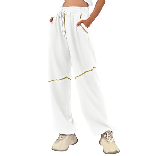 Jogging femme taille haute blanc avec cordon de serrage et poches de sport