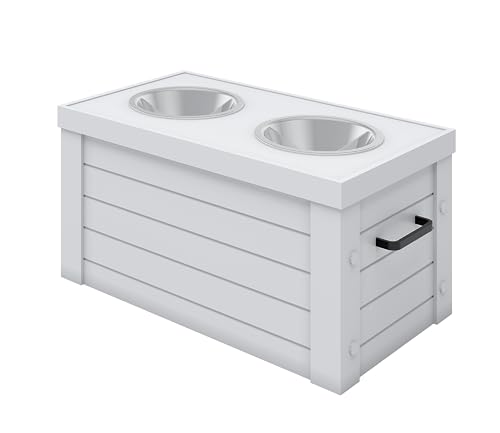 New Age Pet ECOFLEX Medium Piedmont Elevated Dog Feeder in Antique White Two Bowl Design Removable Lid Storage 24 oz Bowls Space Efficient for Small to Medium Size Dogs Easy Clean
