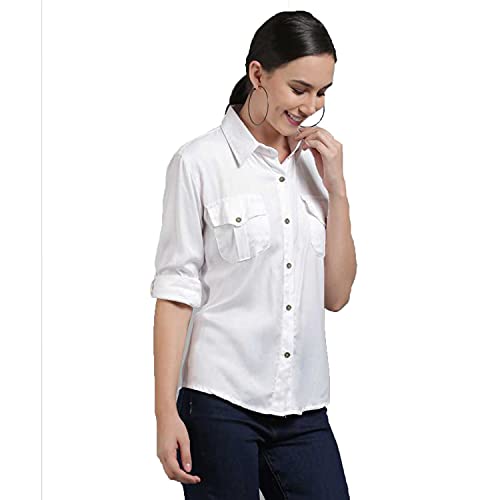 Image of C.Cozami Women's Casual Long Sleeves Double Pocket Rayon Shirts for Women (White, X-Large)