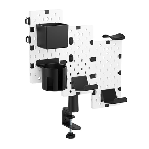 Pegboard - Scrivania bianca a 3 pannelli con 9 accessori per la conservazione, Pegboard Gaming, pannelli perforati per ufficio, 1 porta cuffie, 2 porta controller, 1 porta penne, 1 porta borraccia