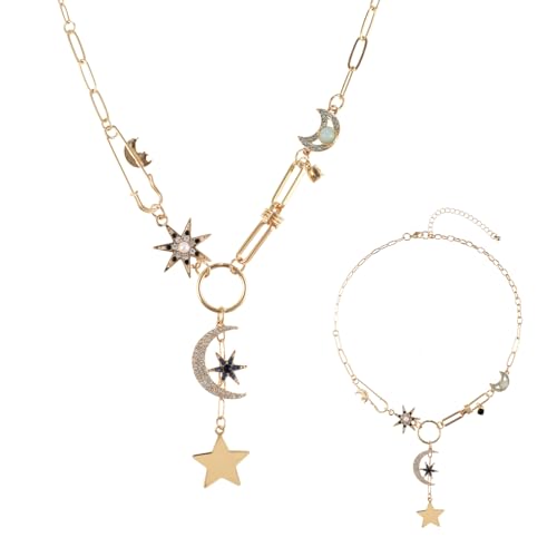 Gold Charm Necklace, Sun Moon and Star Necklace Boho Paperclip Necklace Vintage Chunky Pendant Necklace Jewelry Gift for Women Birthday