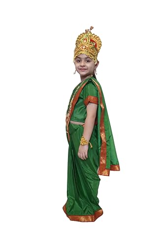 Image of Kaku Fancy Dresses Devi Laxmi Green Saree for Girls | Ready to Wear Saree | Mythological Godess Costume with Accessories - 7-8 Years