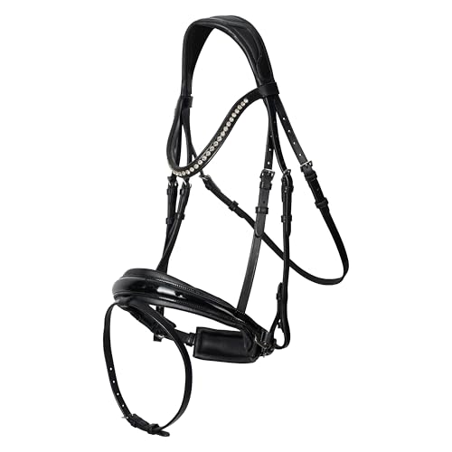 Imperial Riding IRH Fria Trense ohne Zügel, anatomisch geformt, weiche Schafslederpolsterung, Stirnband mit Strass, hochwertiges Büffelleder, inkl anatomischem Nasenriemen, Schwarz-Lack-Crystal Cob