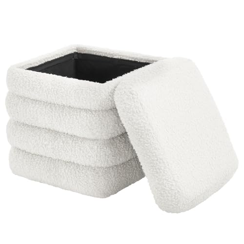 WOLTU Taburete Almacenaje Plegable de Almacenamiento, Taburete Reposapiés para Sofá y Cama, Baúl Puff con Tapa Extraible, Cuadrado, Tapizado de Tejido Polar Teddy, 37,5x37,5x38 cm, Blanco
