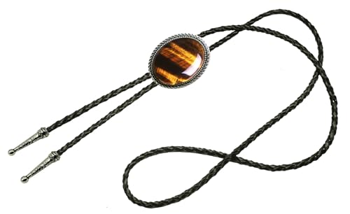 Image of Moranse Bolo Tie with Natural Tiger Eye Stone Celtic Style Genuine and Cowhide Rope