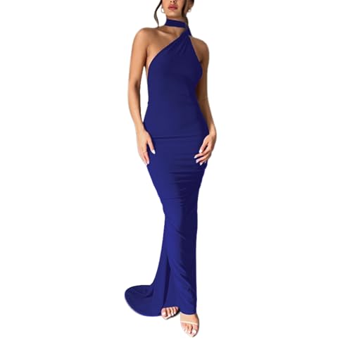 Image of Suillty Women's Sexy Oblique Shoulder Backless Maxi Dress Ruched Back Strap Sleeveless Party Club Long Dresses Bodycon
