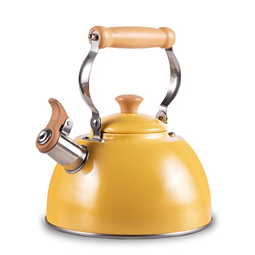 ROCKURWOK Tea Kettle, Tea Pot with Cool Touch Ergonomic Handle, Teapot Food Grade Stainless Steel, Tea Kettle Stovetop, Kettle Teapot, Whistling Tea Kettle, Tea Pot, 2.7 Quart (Yellow) Yello