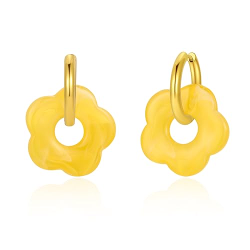 BUMMER Boucles d'oreilles pendantes élégantes à fleurs en résine jaune dégradée, acier inoxydable, plaquées or