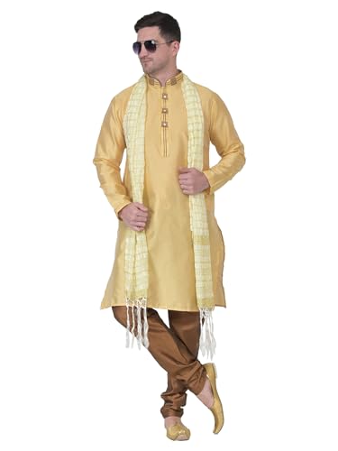 Image of ITOS365 Men's Tunic Art Silk Kurta Pajama and Scarf Suit Set Indian Clothing Wedding Party Dress Gifts Items