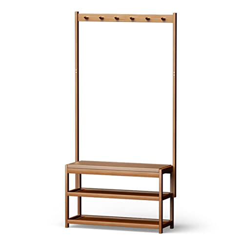 Perchero y zapatero de bambú 3 en 1 elegante entrada con banco para dormitorio y pasillo, diseño que ahorra espacio, 70 x 28,5 x 158 cm, solución de almacenamiento moderna