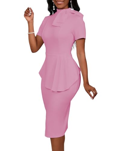 Image of WanMem Women Formal Bodycon Peplum Cocktail Dress Short Sleeve Bow Ruffle Pencil Party Midi Dresses