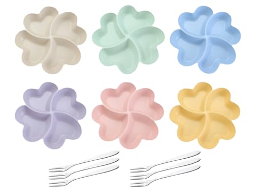 Abiyou Snackteller mit Fächern, 6PCS Herzförmige Snackteller Senden 6 Fruchtgabel, Wiederverwendbar Snackschale, Snackschale mit Fächern,für Familie Esszimmer Lagerung Frucht Snack Desserts(6 Farben)