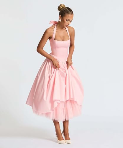Image of Women Summer Halter Dress Low Cut Sleeveless A Line Tulle Swing Flowy Tea Length Dress Corset Prom Formal Ball Gowns