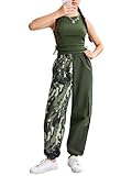 Verdusa Girl's 2 Piece Outfit Ruched Crop Tank Top with Colorblock Cargo Pants Army Green 8-9Y