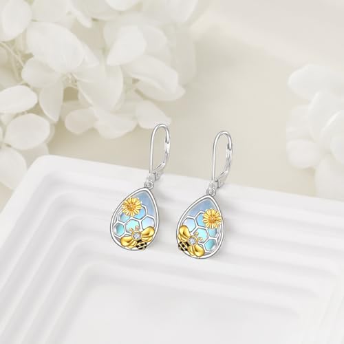 Image of LUHE Bee Earrings for Women 925 Sterling Silver Bumble Earrings with Honeycomb Honeybee Jewelry Dangle Gifts for Women