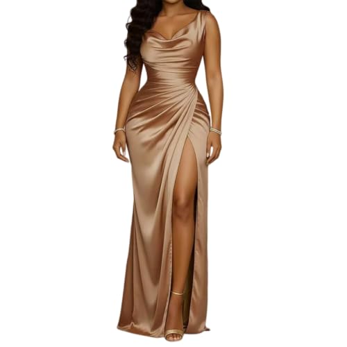 Robe longue de soirée en satin femme sans manches drapée à la taille