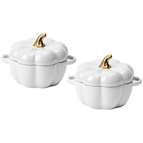 Pumpkin Bowl Set with Lid and Handle, Set of 2 Ceramic Ramekins for Baking, Casserole Dish Individual Severing Pot, Stoneware, Oven Safe, 14 Oz (White) Cover