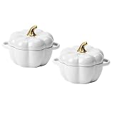 Pumpkin Bowl Set with Lid and Handle, Set of 2 Ceramic Ramekins for Baking, Casserole Dish Individual Severing Pot, Stoneware, Oven Safe, 14 Oz (White)