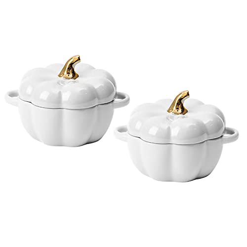 Pumpkin Bowl Set with Lid and Handle, Set of 2 Ceramic Ramekins for Baking, Casserole Dish Individual Severing Pot, Stoneware, Oven Safe, 14 Oz (White) by FYUEROPA - Used condition - US$15.16