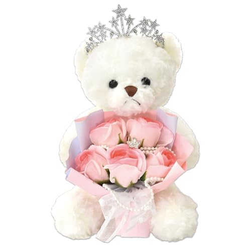 ポピー名古屋 ソープフラワー シャボンフラワー 造花 ギフト プレゼント 5輪ブーケ バラ 花束 約22cm ぬいぐるみ クリアボックス付き SH-060 ホワイトのサムネイル