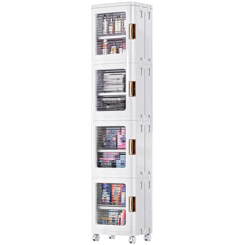 VECELO 4-Tier Plastic Tall Narrow Storage Cabinet with Movable Wheels, Adjustable Shelves, Magnetic Doors, Slim Bathroom Organizers and Storage for Small Space, Bathroom, Kitchen, Laundry, White