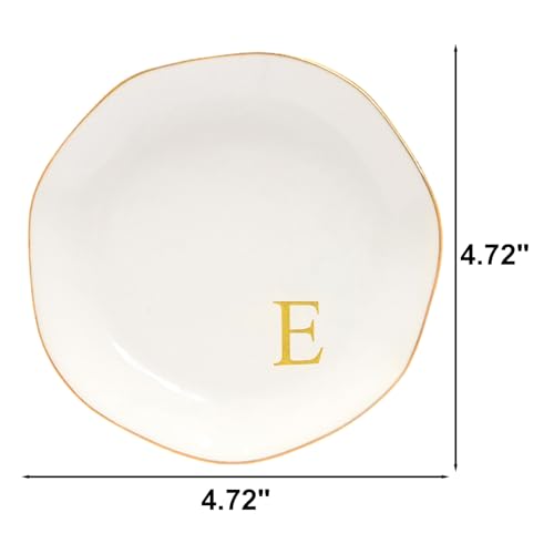 Image of Ceramic Jewelry Tray Initial Ring Dish Personalized E-Monogrammed Engagement Wedding Gifts, for Birthday Mother's Day Christmas for Women, Ceramic White 4.75 inch (E)