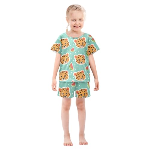 ALAZA Watermelon Leopard Tiger Pajamas Set Short Sleeve Cotton Sleepwear Summer Pjs 2 Piece 5-14Y3