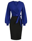 GRACE KARIN Damen Hips-Wrapped Kleid Arbeit Bodycon Hochzeit Gast Büro Kleider V-Ausschnitt Langarm Bleistiftkleid mit Gürtel M Dunkelblau-Schwarz CL0761S21-17
