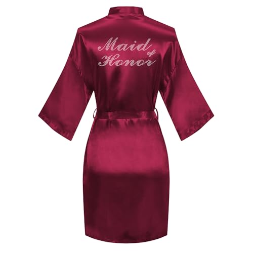 Image of Women's Bride Bridesmaid Robes Short Satin One Size Silver Rhinestones Wedding Party Getting Ready Sleepwear