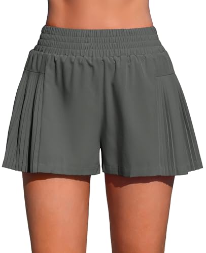 Image of ATTRACO Women's 3 inch High Waisted Swim Board Shorts Pleated Summer Beach Shorts with Pockets
