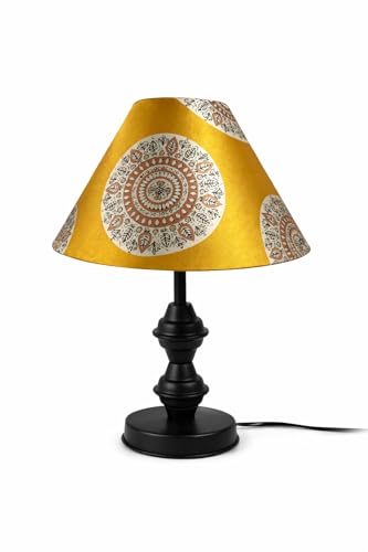 Image of tu casa Modern Table Lamp with Crimson Floral Satin Shade | Metal Iron Base Decorative lamp for Living Room| Home Decor, Designer Table Lamp for Gifting (Golden Mandala)