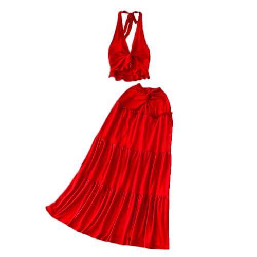 Women Party Beach Two Piece Sleeveless Ruffle V-Neck Ss Tops High Waist Folds Vacation Slim Skirts